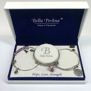 Bella Perlina Hope, Love, Strength Breast Cancer Silver Charm Bangle Trio Set